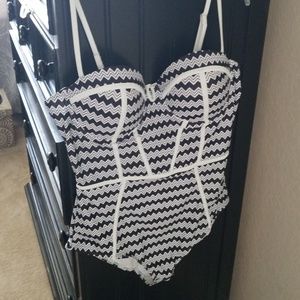 Chevron black and white one piece bathing suit XXL
